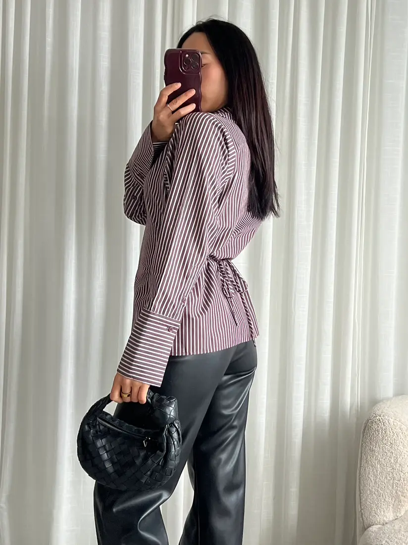 ELITE CINCHED WAIST SHIRT IN CHOCO STRIPES Marqi Studio