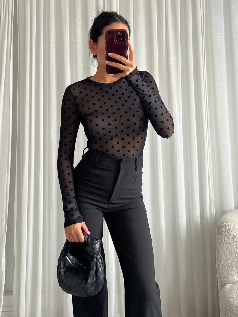LELIA MESH TOP IN BLACK POLKADOT Marqi Studio