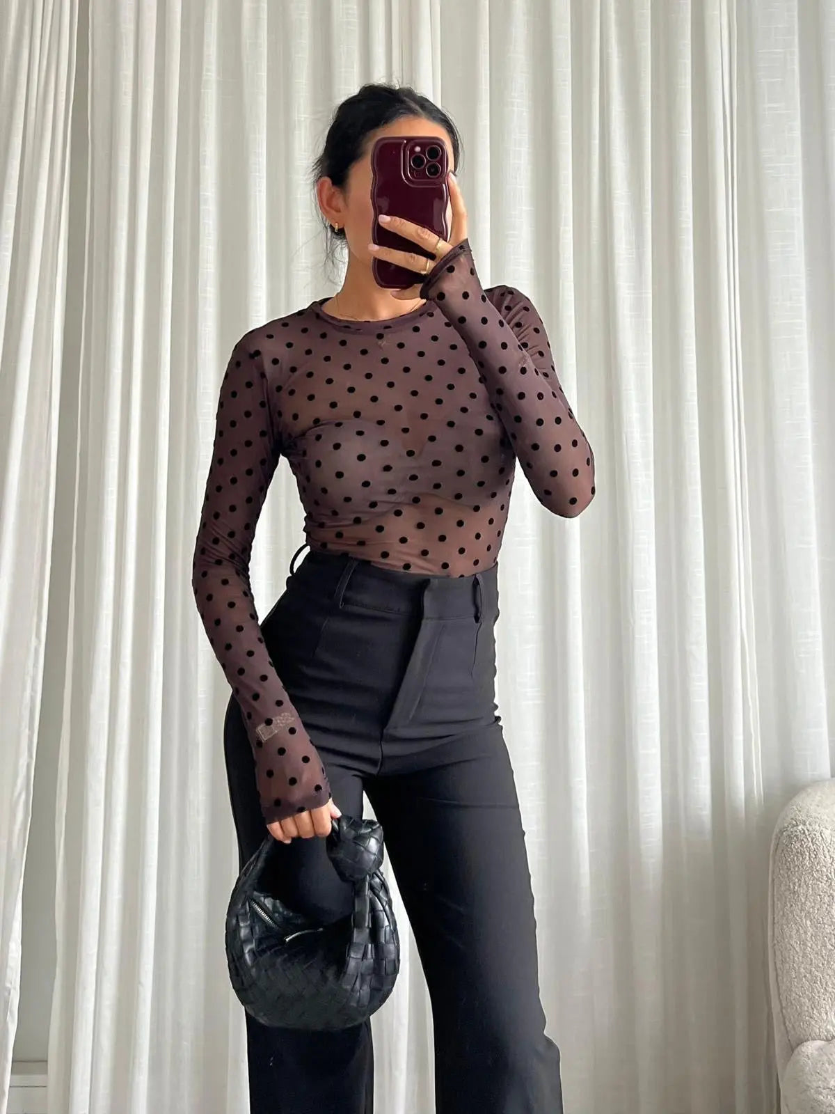 LELIA MESH TOP IN BROWN POLKADOT