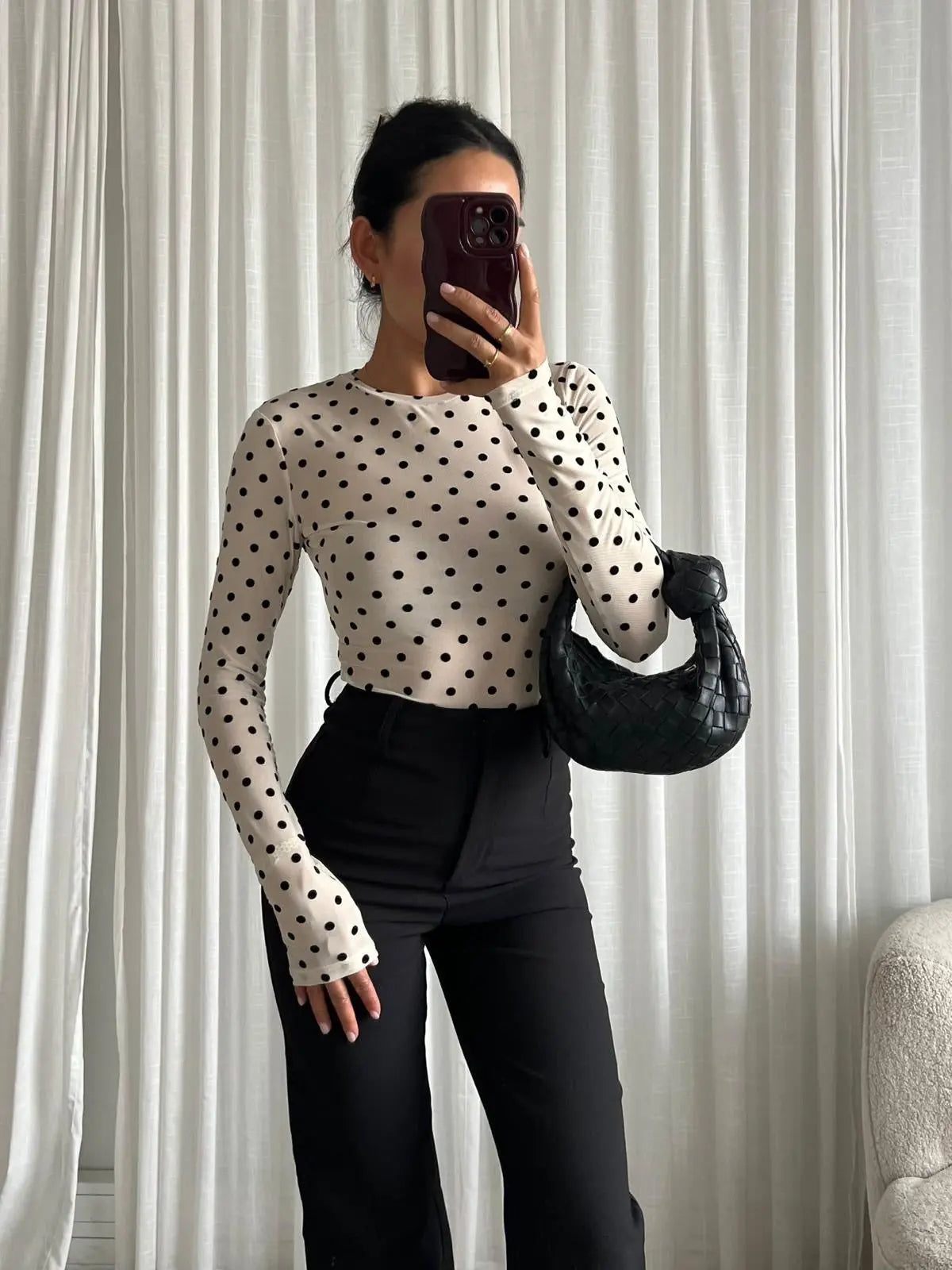 LELIA MESH TOP IN CREAM POLKADOT
